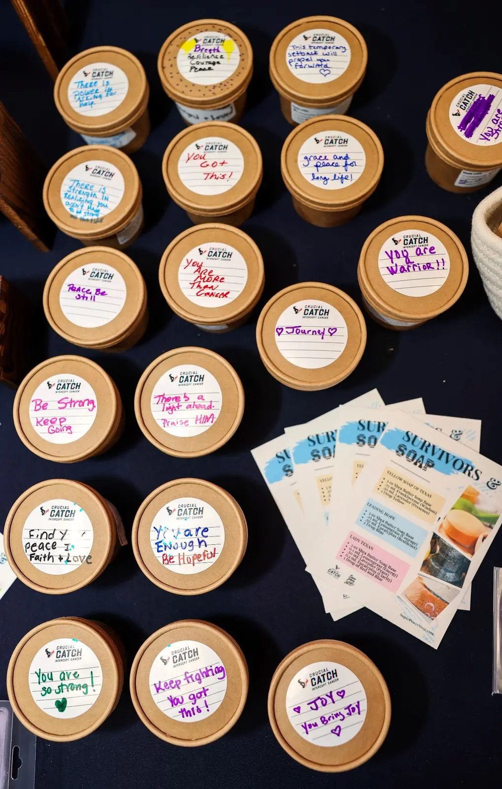 Evidence Image: Each participant leaves with a useful reminder of the time your organization created. Completed custom soap containers and reflection cards from a Houston employee workshop