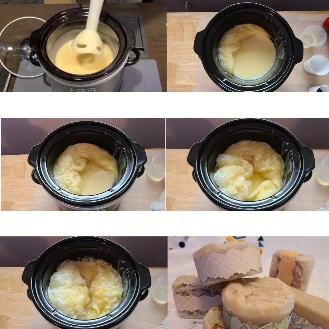Evidence Image: Stage-by-stage observation helps you recognize what is happening in the pot. Hot process soap changing texture through several stages in a slow cooker