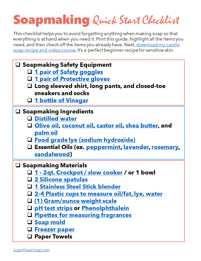 Evidence Image: A free checklist can help you prepare before you make a batch. Soapmaking Quick Start Checklist covering safety equipment, ingredients, and materials